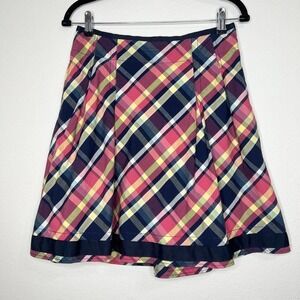 L.L. Bean Petite Navy Blue & Pink Plaid 100% Cotton Grosgrain Ribbon Skirt